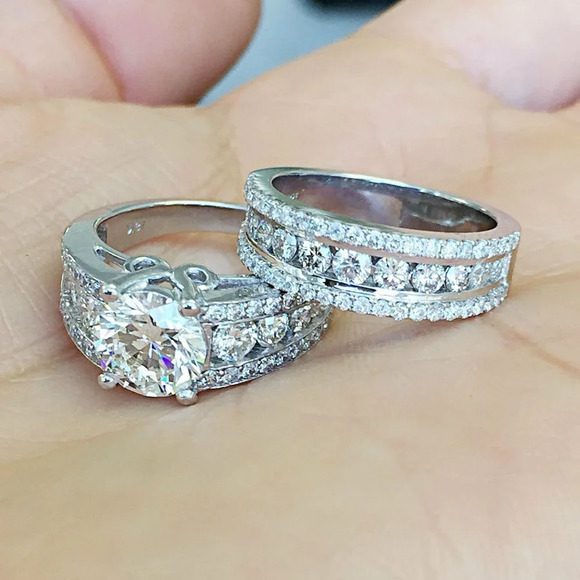 ✨Bague Eternity Full CZ Diamonds Silver Plated Couple Chunky Ring Set, UNVN12286 - Picture 7 of 9